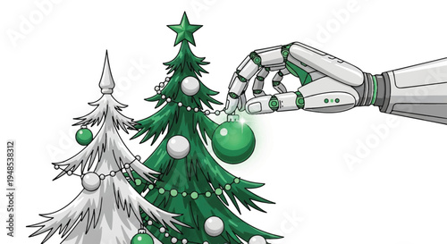 A robotic hand decorates a green Christmas tree with ornaments next to a silver tree.