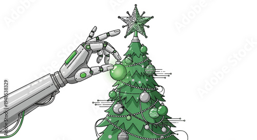 A robotic arm decorates a green Christmas tree with ornaments and lights.