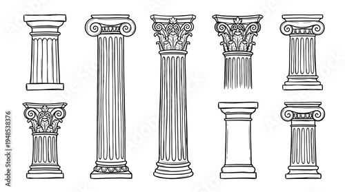 greek column, Hand-drawn outline doodle sketches vector set collection , white background , PNG and SVG isolate