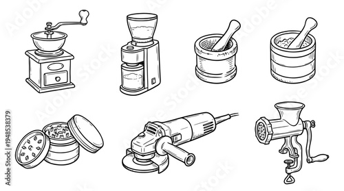 grinder, Hand-drawn outline doodle sketches vector set collection , white background , PNG and SVG isolate