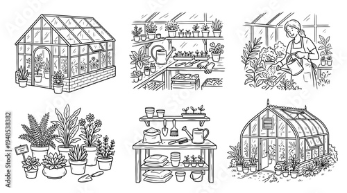 greenhouse, Hand-drawn outline doodle sketches vector set collection , white background , PNG and SVG isolate