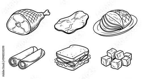 ham, Hand-drawn outline doodle sketches vector set collection , white background , PNG and SVG isolate