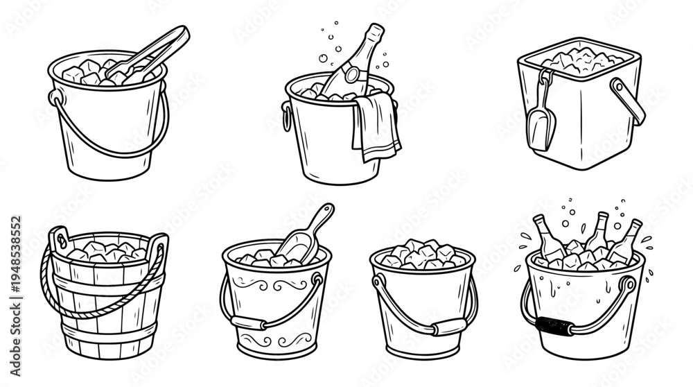 Fototapeta premium ice bucket, Hand-drawn outline doodle sketches vector set collection , white background , PNG and SVG isolate