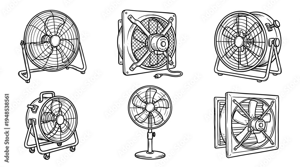 Obraz premium industrial fan, Hand-drawn outline doodle sketches vector set collection , white background , PNG and SVG isolate