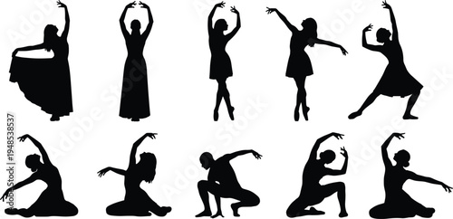 Female dancer silhouettes collection, graceful women performing contemporary and ballet dance poses, elegant artistic movement vector illustration isolated