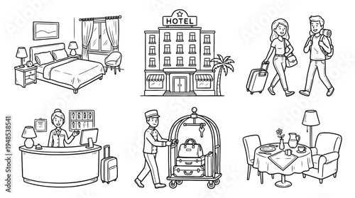 hotel, Hand-drawn outline doodle sketches vector set collection , white background , PNG and SVG isolate