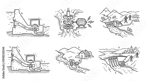 hydro power, Hand-drawn outline doodle sketches vector set collection , white background , PNG and SVG isolate