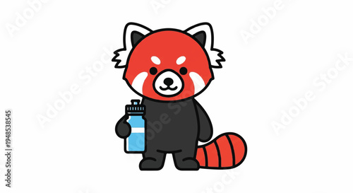 A cute cartoon red panda holds a blue water bottle.