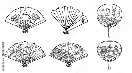 japanese fan, Hand-drawn outline doodle sketches vector set collection , white background , PNG and SVG isolate