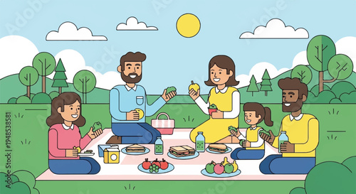 Family having a picnic in a park on a sunny day with food and drinks