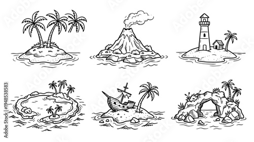 island, Hand-drawn outline doodle sketches vector set collection , white background , PNG and SVG isolate