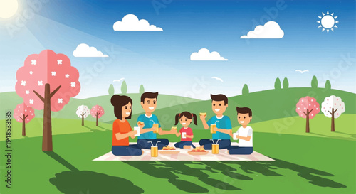 Family having picnic in green field with pink trees under sunny sky
