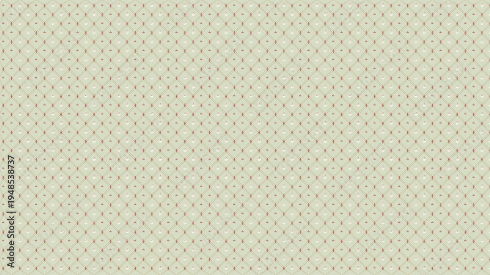 Fototapeta premium Background vintage quilted pattern with red diagonal lattice and small floral elements on light green cream surface for classic textile design wallpaper scrapbooking wedding invitations decorative