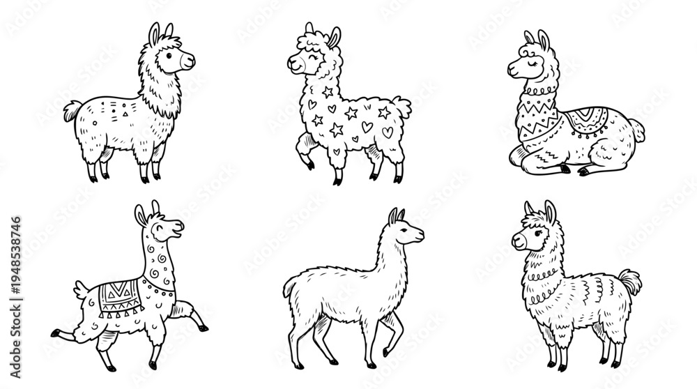 Obraz premium llama, Hand-drawn outline doodle sketches vector set collection , white background , PNG and SVG isolate