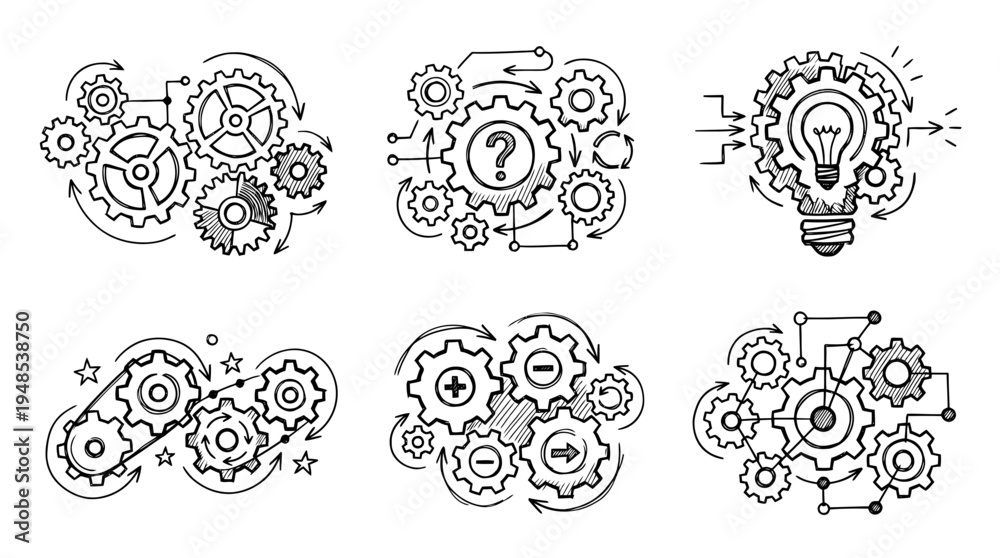 Fototapeta premium logical gear, Hand-drawn outline doodle sketches vector set collection , white background , PNG and SVG isolate