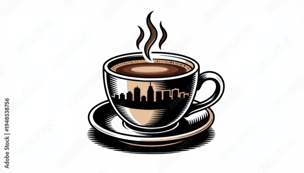 Obraz premium Steaming hot coffee cup with city skyline design isolated on white background illustration for relaxation break and urban lifestyle