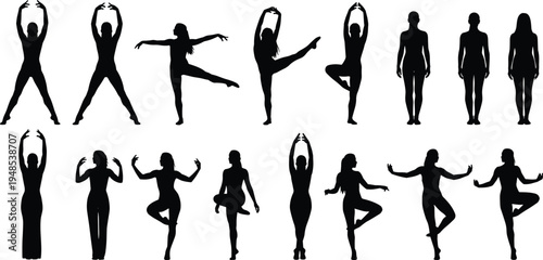 Female yoga and dance pose silhouettes collection isolated on white background graceful body movement fitness exercise vector illustration set