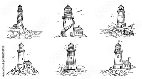 lighthouse, Hand-drawn outline doodle sketches vector set collection , white background , PNG and SVG isolate