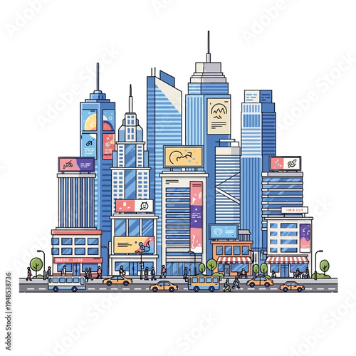 Modern Cityscape Illustration with Tall Buildings, Cars, and People