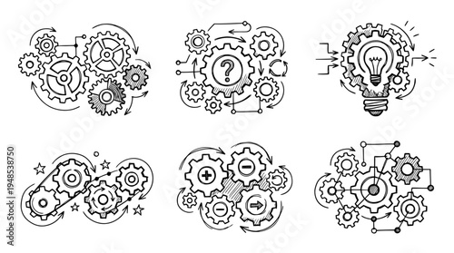 logical gear, Hand-drawn outline doodle sketches vector set collection , white background , PNG and SVG isolate