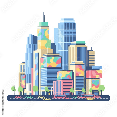 Modern Cityscape with Colorful Buildings and Traffic on Street