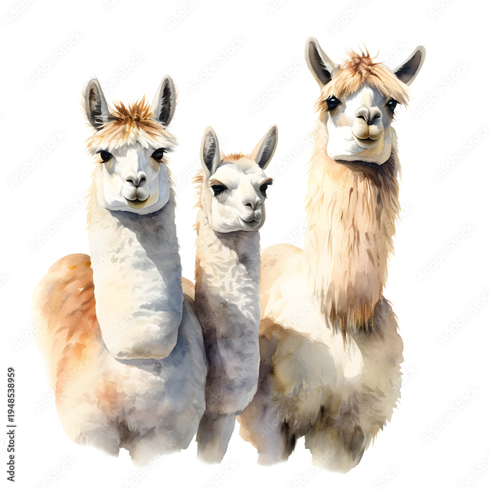 Naklejka premium Watercolor illustration of three alpacas standing close together on a white background