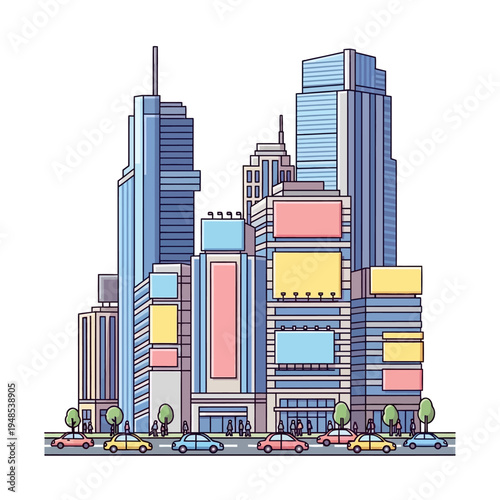 Modern Cityscape with Tall Buildings, Billboards, and Cars - Flat Design Illustration
