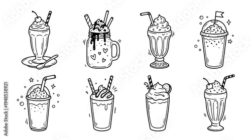 milkshake, Hand-drawn outline doodle sketches vector set collection , white background , PNG and SVG isolate