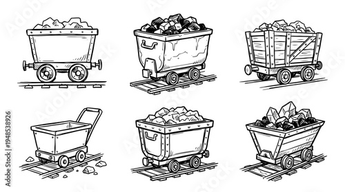 mining cart, Hand-drawn outline doodle sketches vector set collection , white background , PNG and SVG isolate