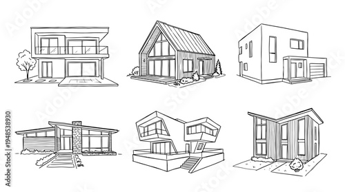 modern house, Hand-drawn outline doodle sketches vector set collection , white background , PNG and SVG isolate