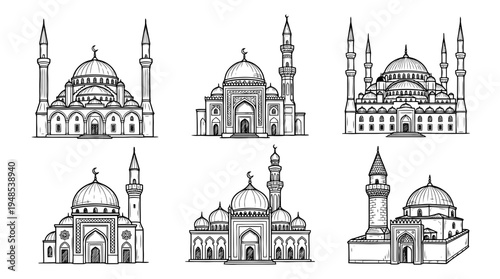 mosque, Hand-drawn outline doodle sketches vector set collection , white background , PNG and SVG isolate