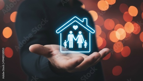Person holding glowing family home protection icon on bokeh background