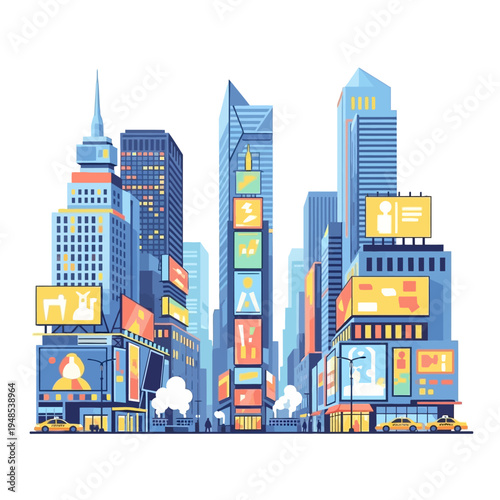 Modern Cityscape with Tall Buildings, Billboards, and Cars