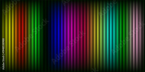 This high-quality digital illustration features a rhythmic sequence of vertical lines illuminated by a neon gradient moving from deep red and orange 