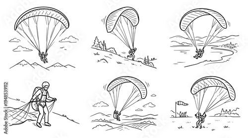 paragliding, Hand-drawn outline doodle sketches vector set collection , white background , PNG and SVG isolate