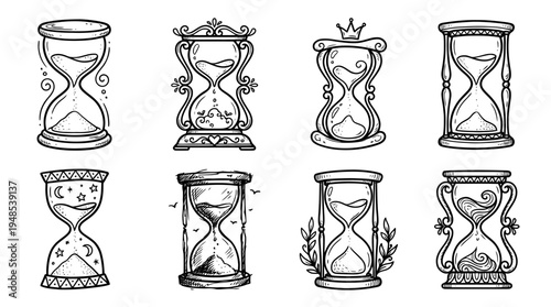 patience hourglass, Hand-drawn outline doodle sketches vector set collection , white background , PNG and SVG isolate