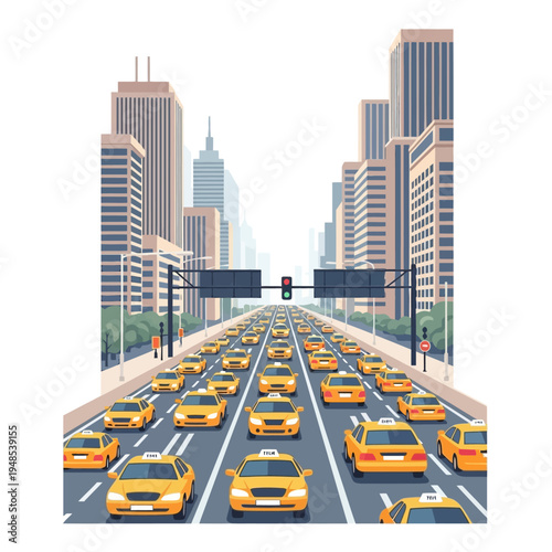 New York City yellow cabs in traffic jam on Fifth Avenue with skyscrapers