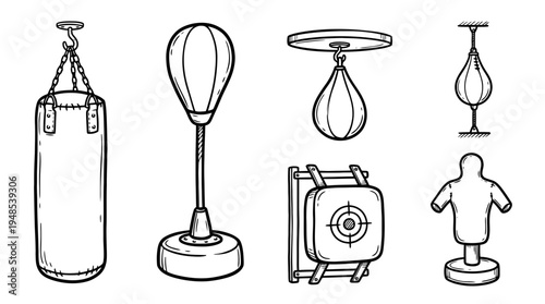 punching bag, Hand-drawn outline doodle sketches vector set collection , white background , PNG and SVG isolate
