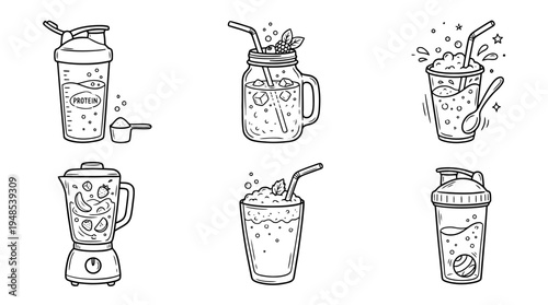protein shake, Hand-drawn outline doodle sketches vector set collection , white background , PNG and SVG isolate