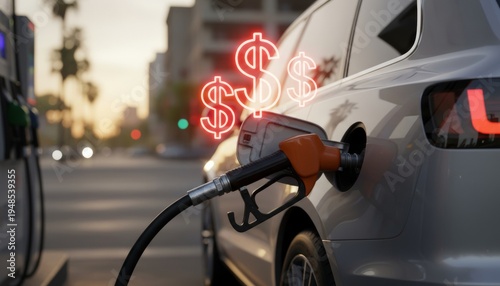 High gas prices and rising fuel costs concept with car refueling at station