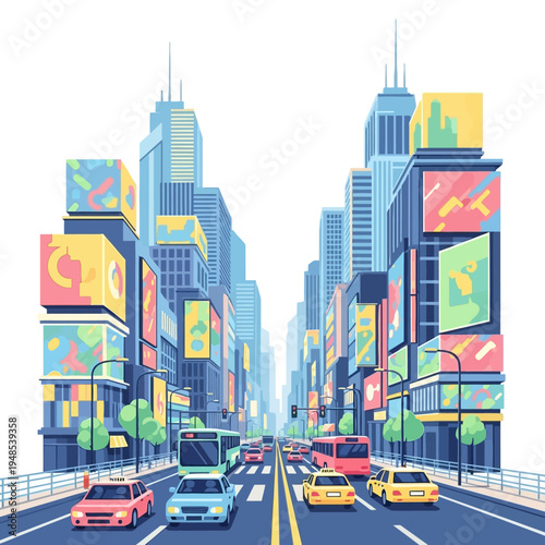 Vibrant city street with skyscrapers, cars, buses, and billboards on a clear day.