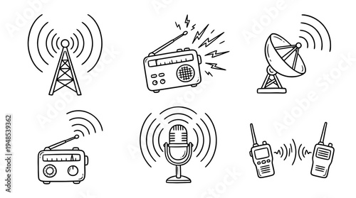 radio wave, Hand-drawn outline doodle sketches vector set collection , white background , PNG and SVG isolate
