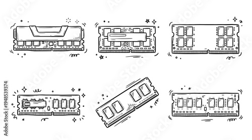 ram chip, Hand-drawn outline doodle sketches vector set collection , white background , PNG and SVG isolate