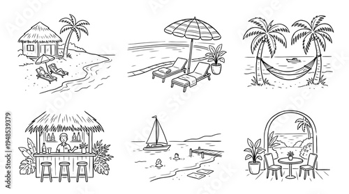 resort, Hand-drawn outline doodle sketches vector set collection , white background , PNG and SVG isolate