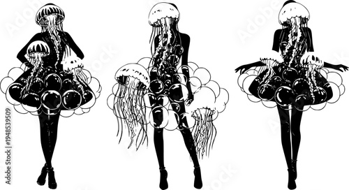 Surreal fashion concept of model with iridescent bubble dress and neon jellyfish