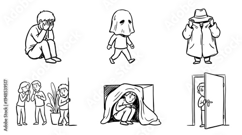shame hidden, Hand-drawn outline doodle sketches vector set collection , white background , PNG and SVG isolate