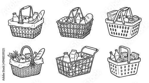 shopping basket, Hand-drawn outline doodle sketches vector set collection , white background , PNG and SVG isolate