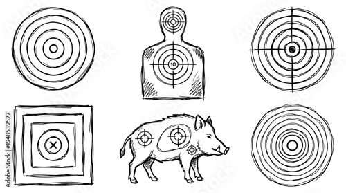 shooting target, Hand-drawn outline doodle sketches vector set collection , white background , PNG and SVG isolate