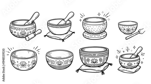 singing bowl, Hand-drawn outline doodle sketches vector set collection , white background , PNG and SVG isolate