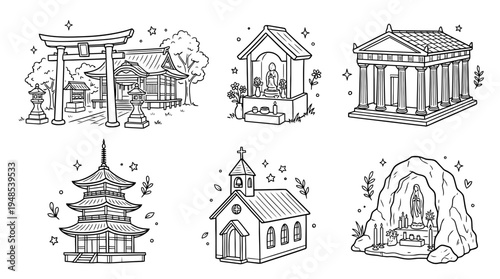 shrine, Hand-drawn outline doodle sketches vector set collection , white background , PNG and SVG isolate
